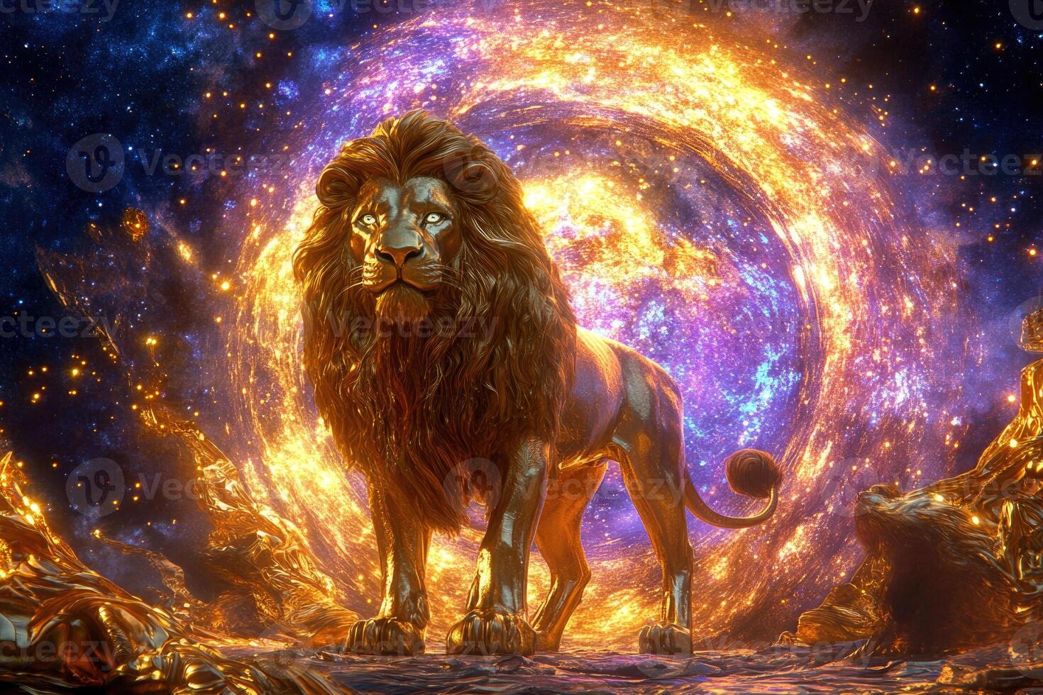 A golden lion statue with a glowing cosmic portal. photo