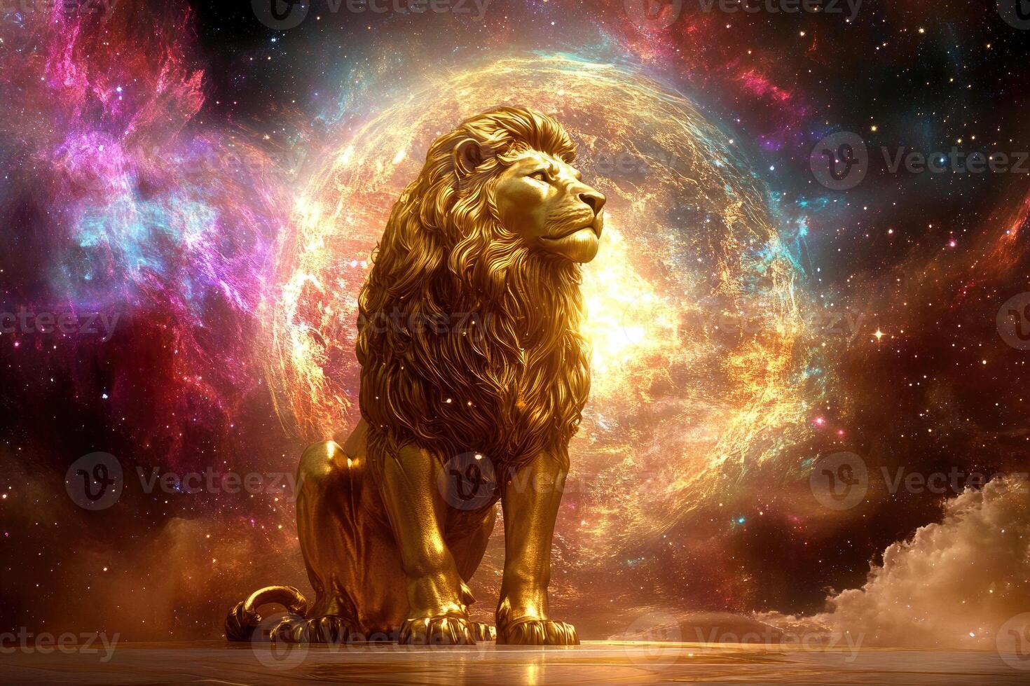 A golden lion statue with a glowing cosmic portal. photo