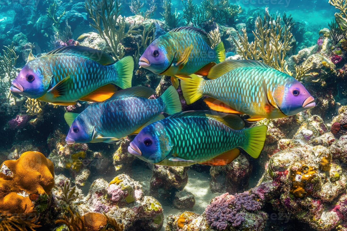 A vibrant school of parrotfish grazes on coral in a bustling, colorful reef. photo