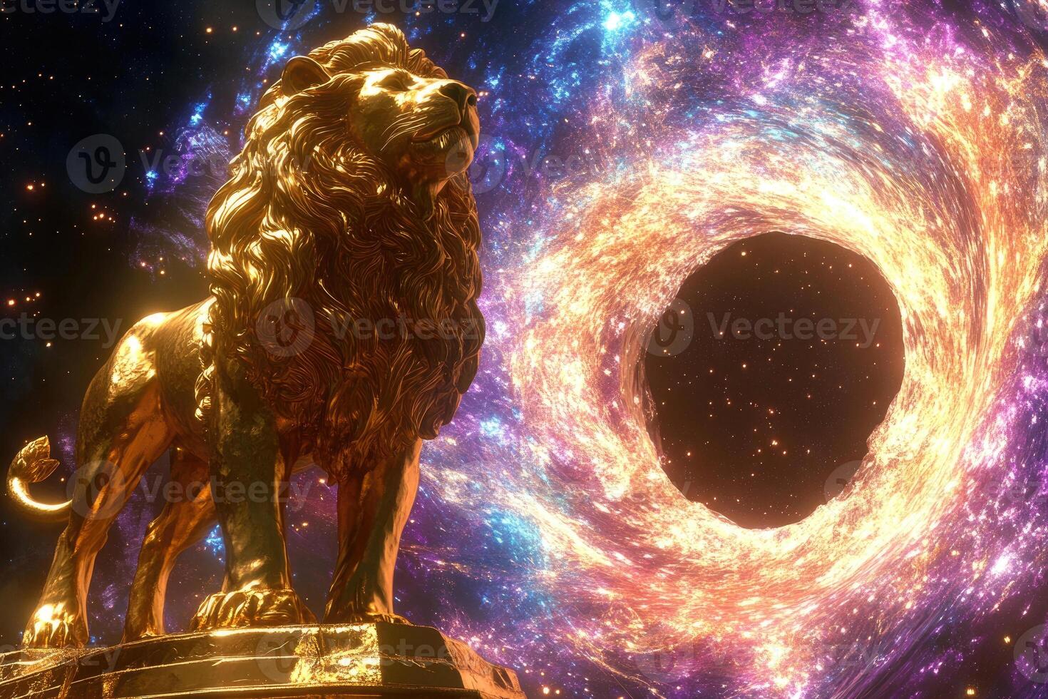 A golden lion statue with a glowing cosmic portal. photo