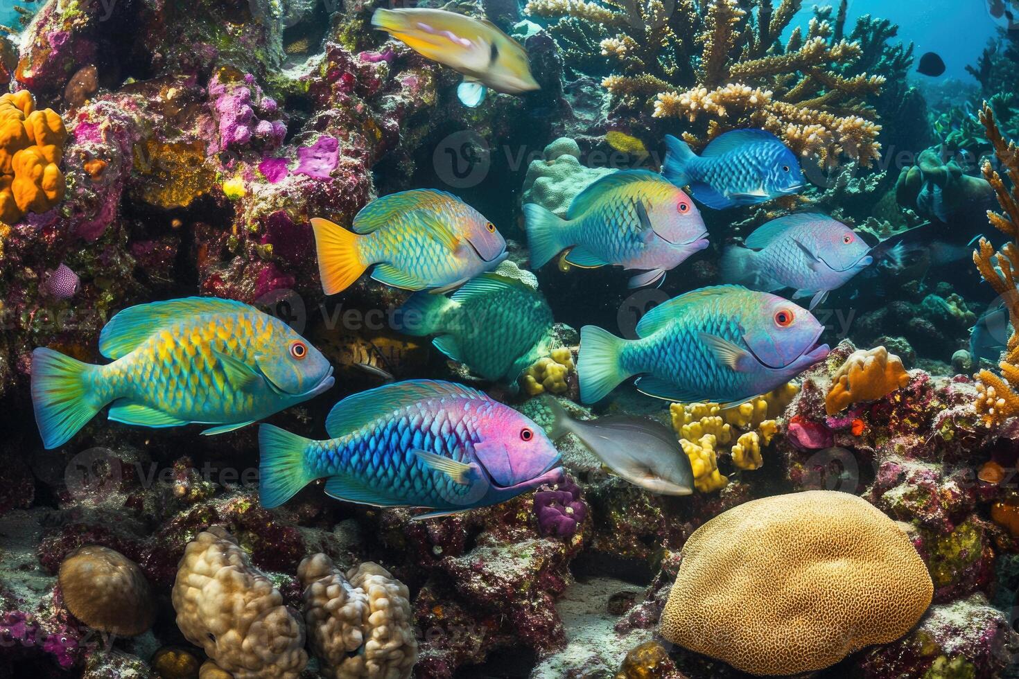 A vibrant school of parrotfish grazes on coral in a bustling, colorful reef. photo