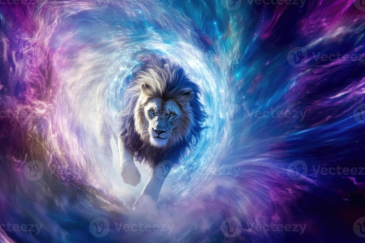 A lion stepping through a glowing portal with swirling energies. photo