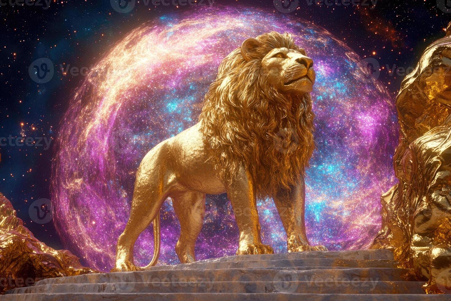 A golden lion statue with a glowing cosmic portal. photo