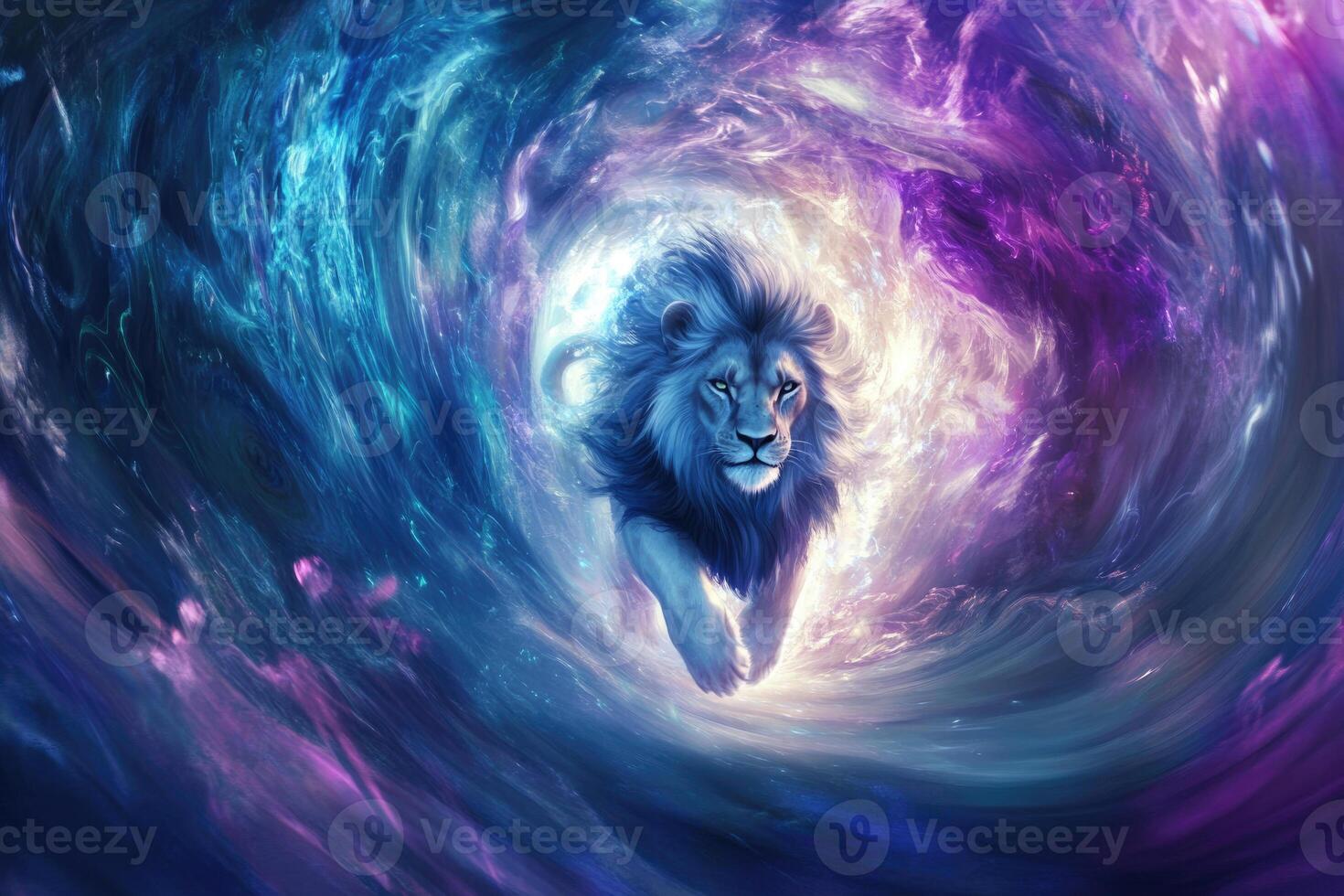 A lion stepping through a glowing portal with swirling energies. photo