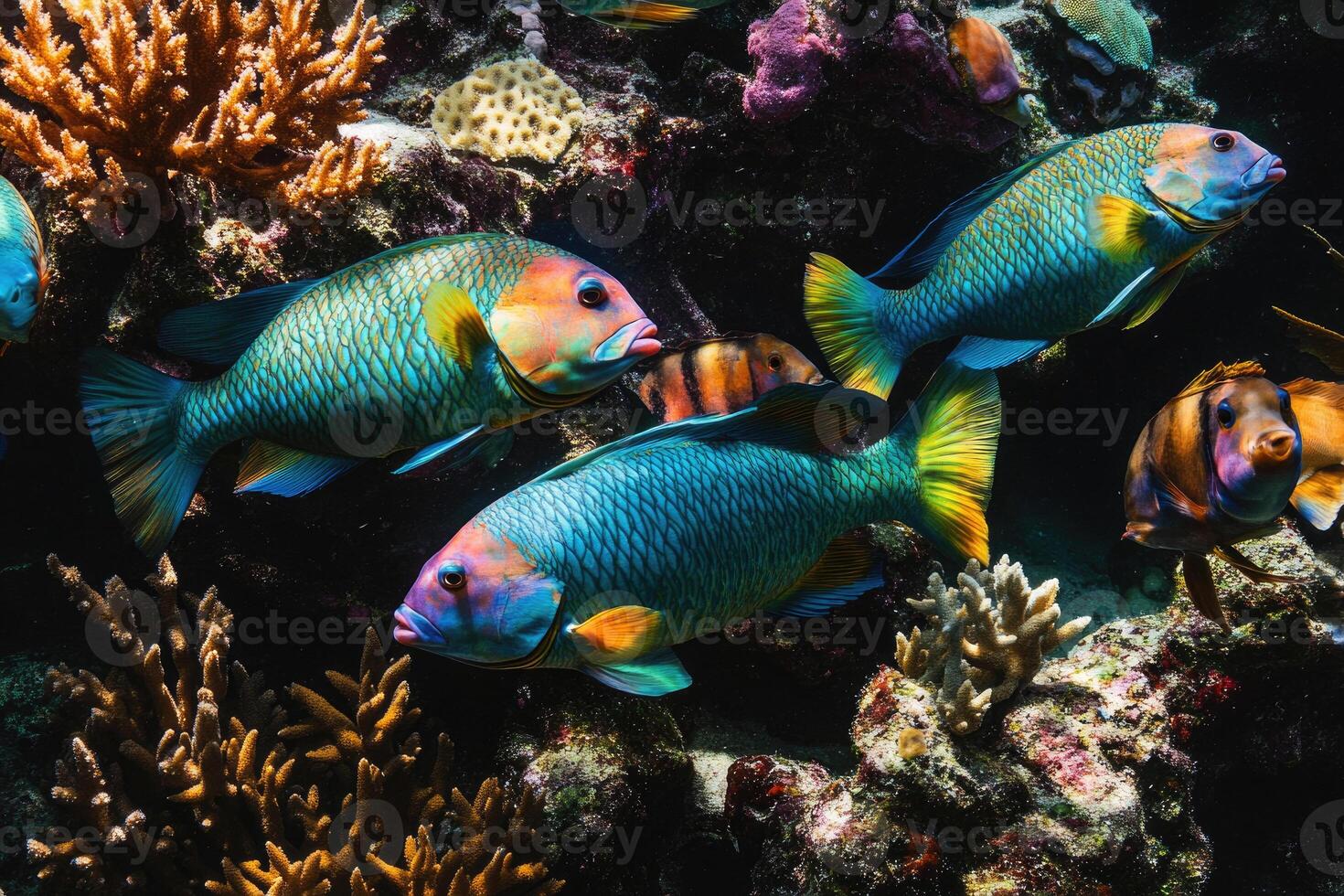 A vibrant school of parrotfish grazes on coral in a bustling, colorful reef. photo