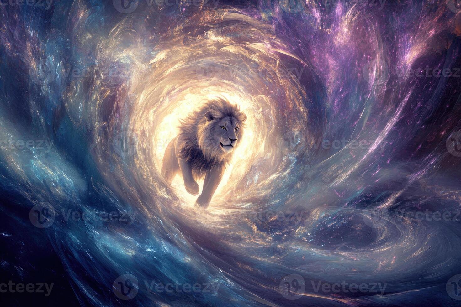 A lion stepping through a glowing portal with swirling energies. photo