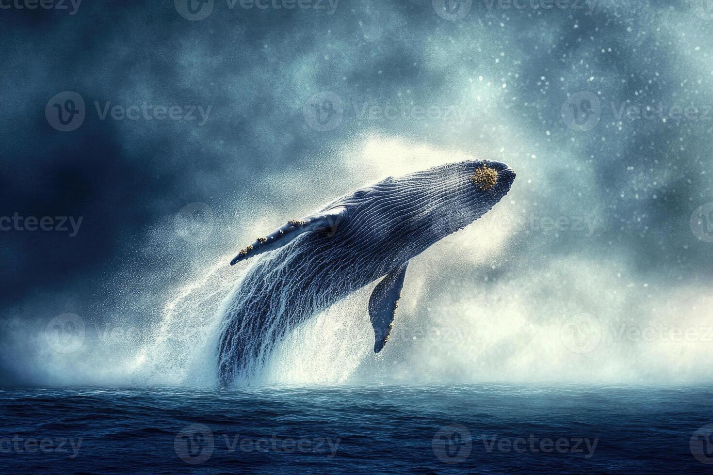 A majestic whale breaching the water, surrounded by a spray of ocean mist. photo