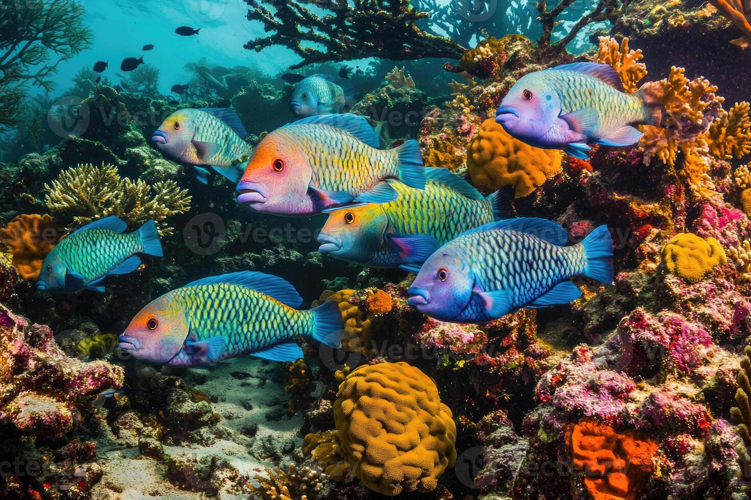 A vibrant school of parrotfish grazes on coral in a bustling, colorful reef. photo