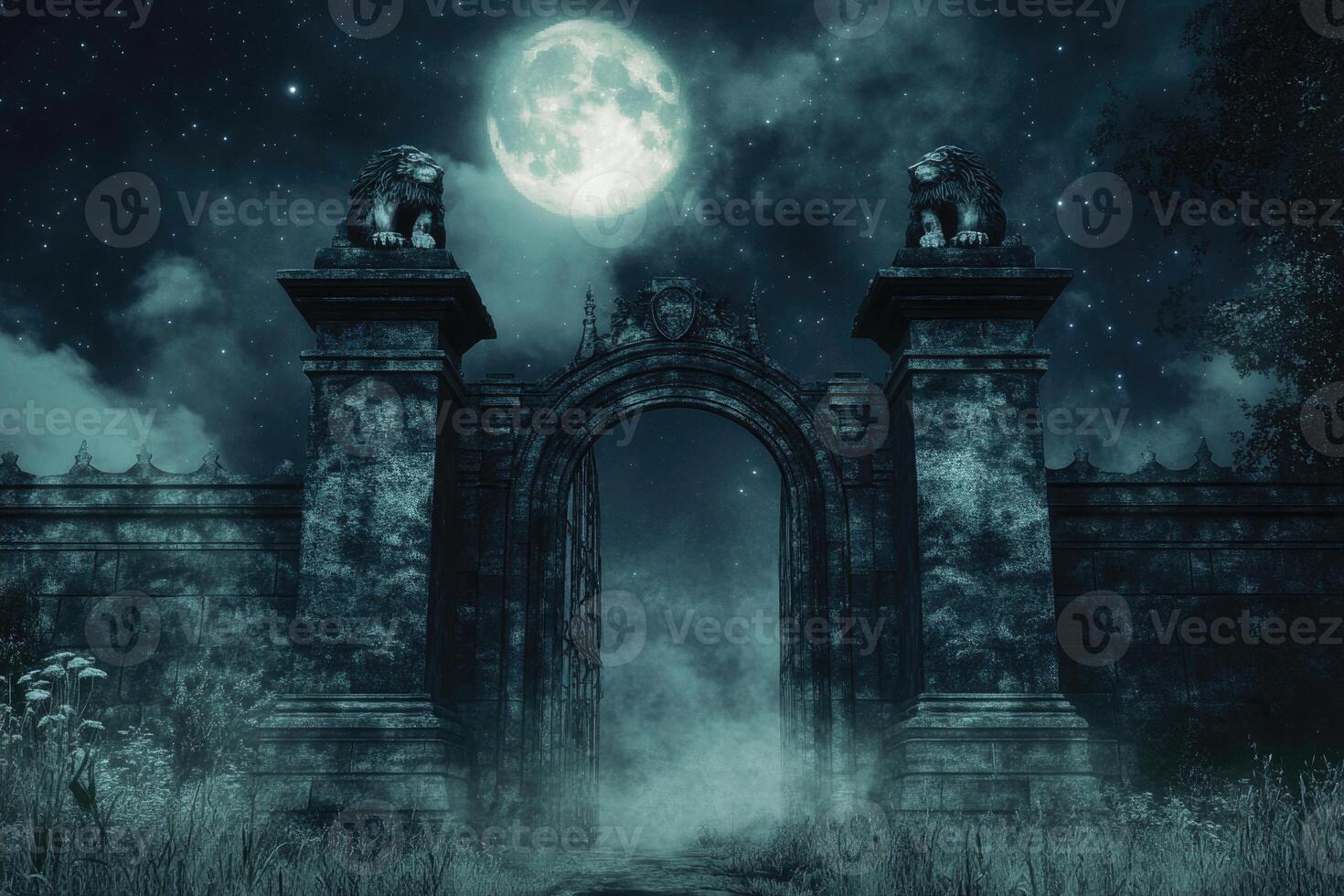 A mystical gateway with stone lions under moonlight. photo