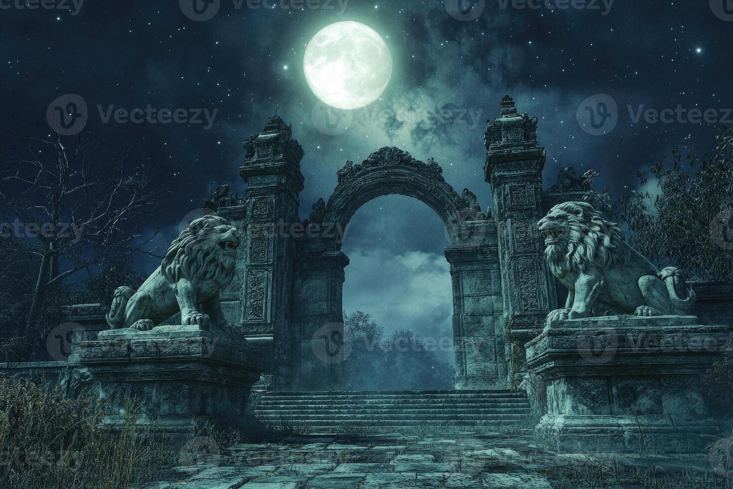 A mystical gateway with stone lions under moonlight. photo