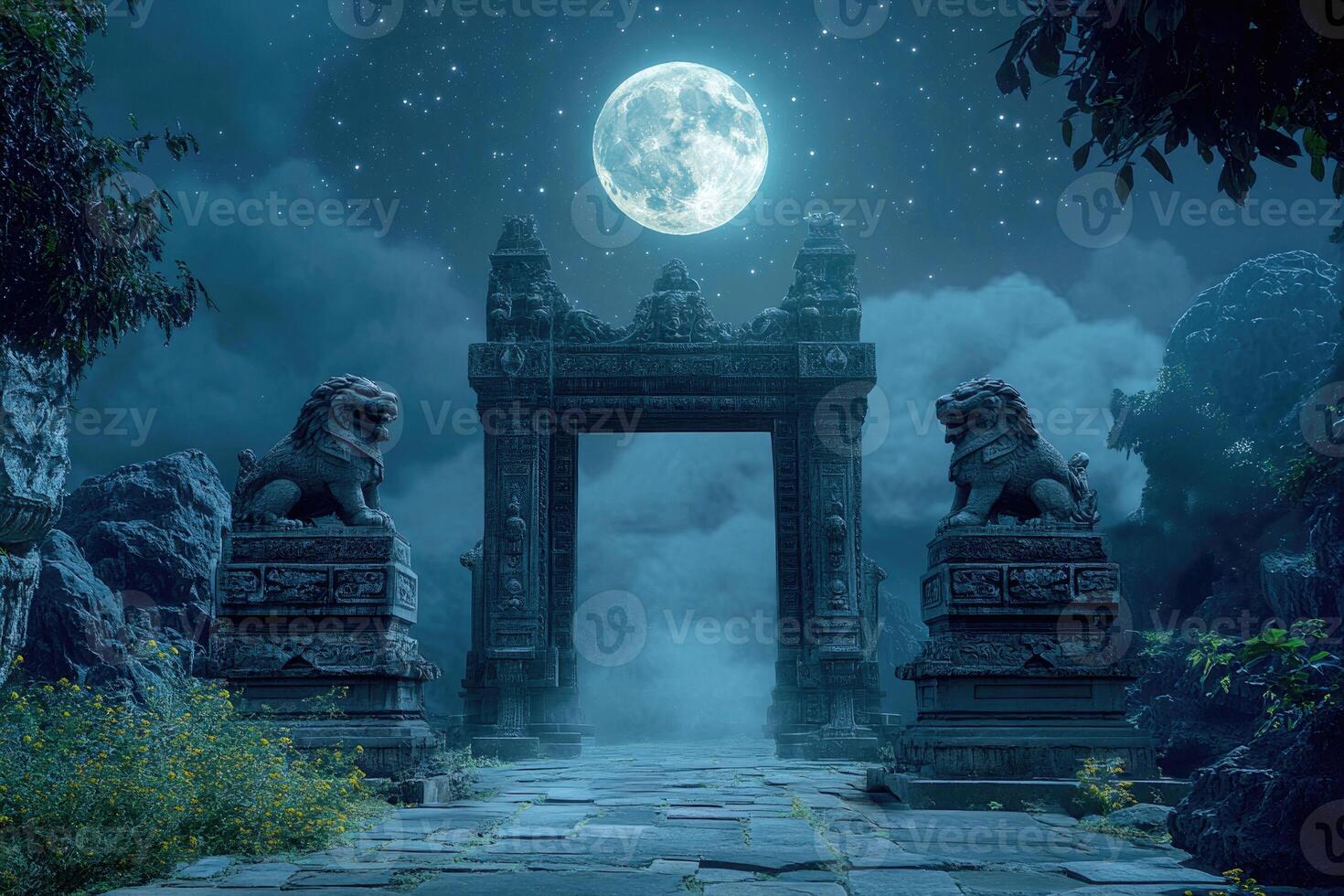 A mystical gateway with stone lions under moonlight. photo