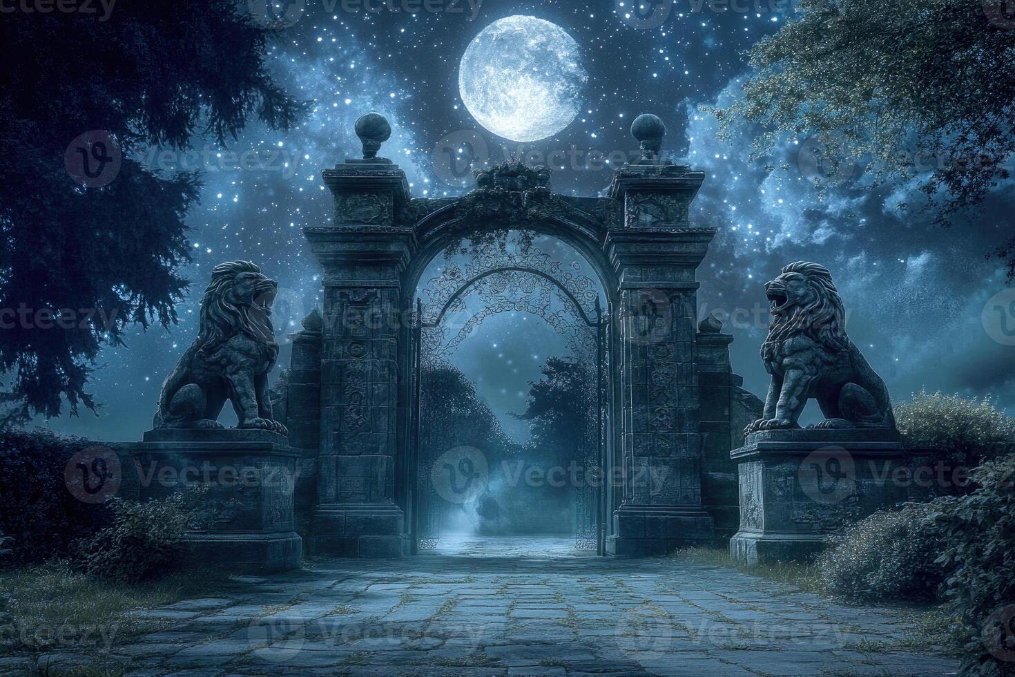 A mystical gateway with stone lions under moonlight. photo