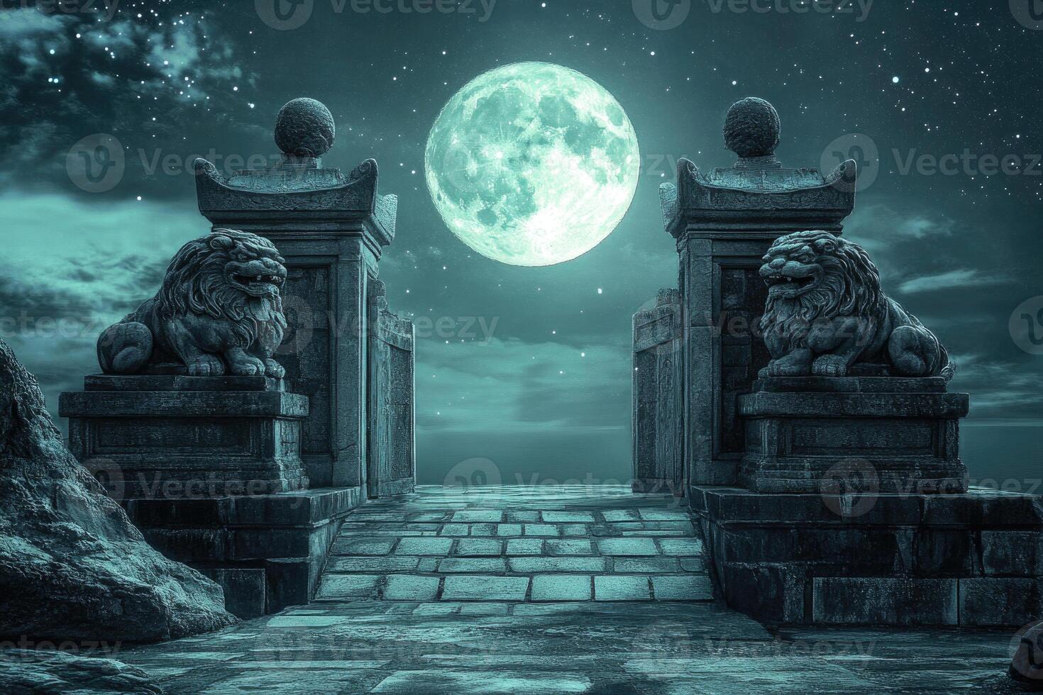A mystical gateway with stone lions under moonlight. photo