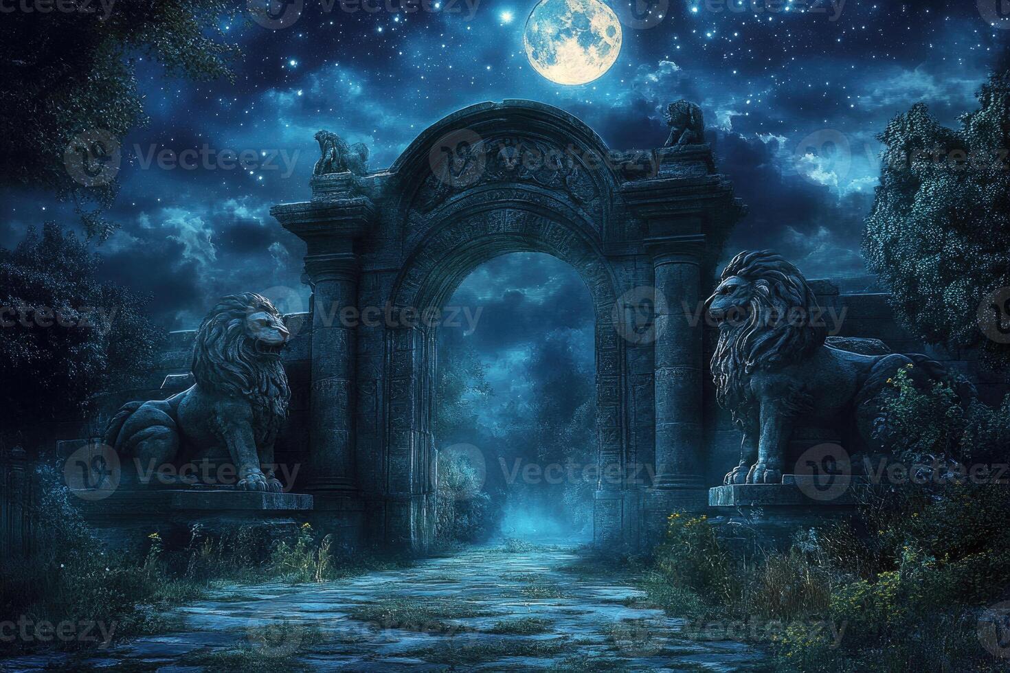 A mystical gateway with stone lions under moonlight. photo