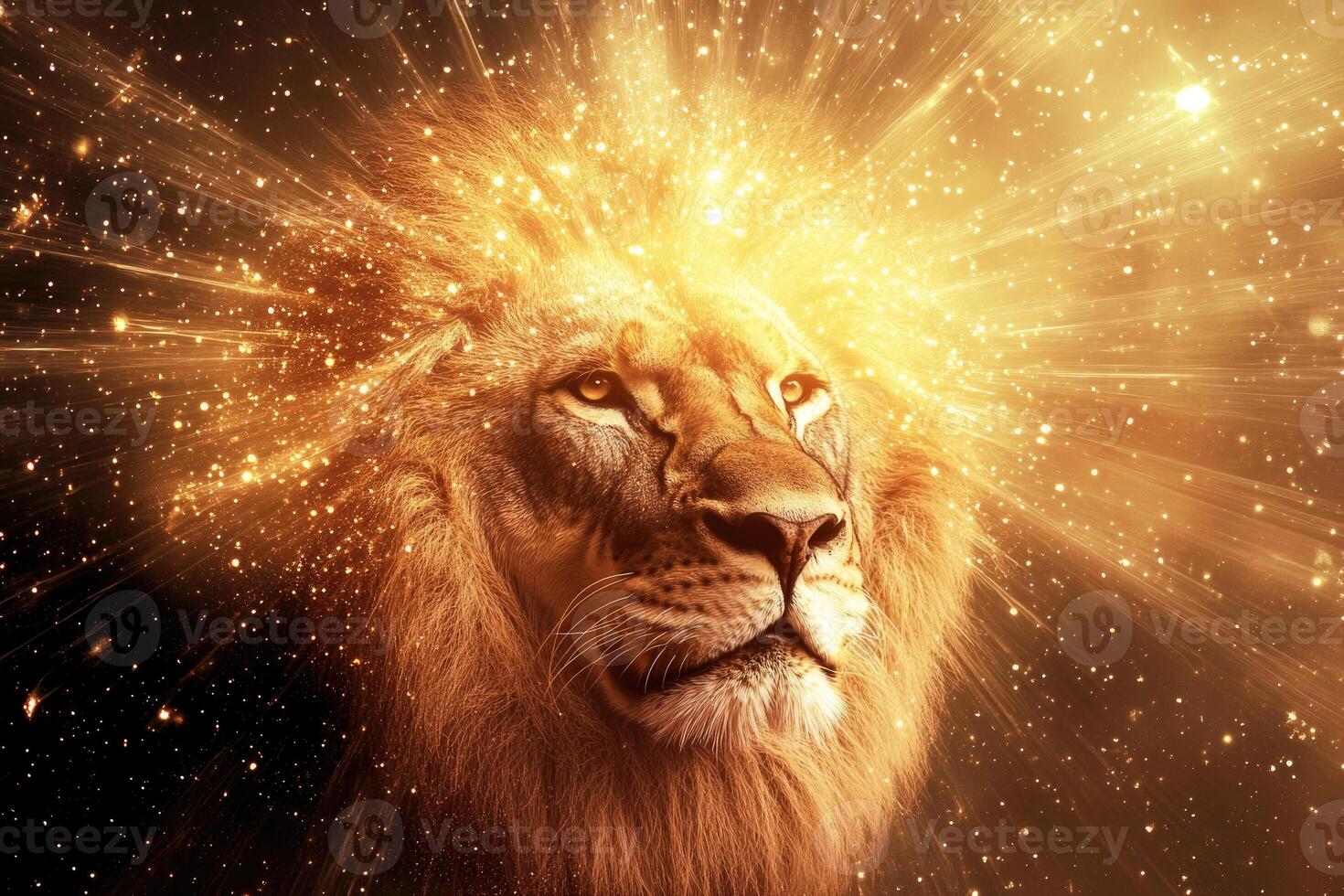 A lions head emerging from bright cosmic light. photo
