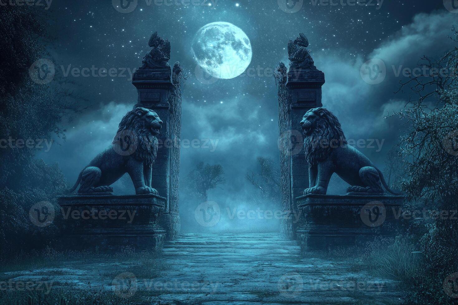 A mystical gateway with stone lions under moonlight. photo