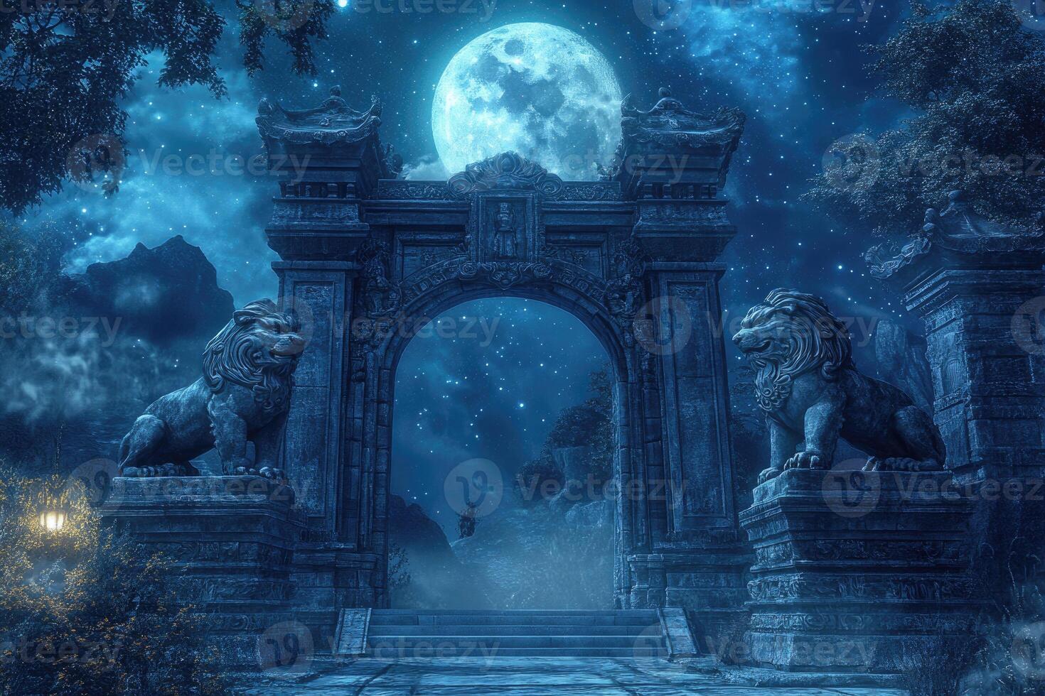 A mystical gateway with stone lions under moonlight. photo