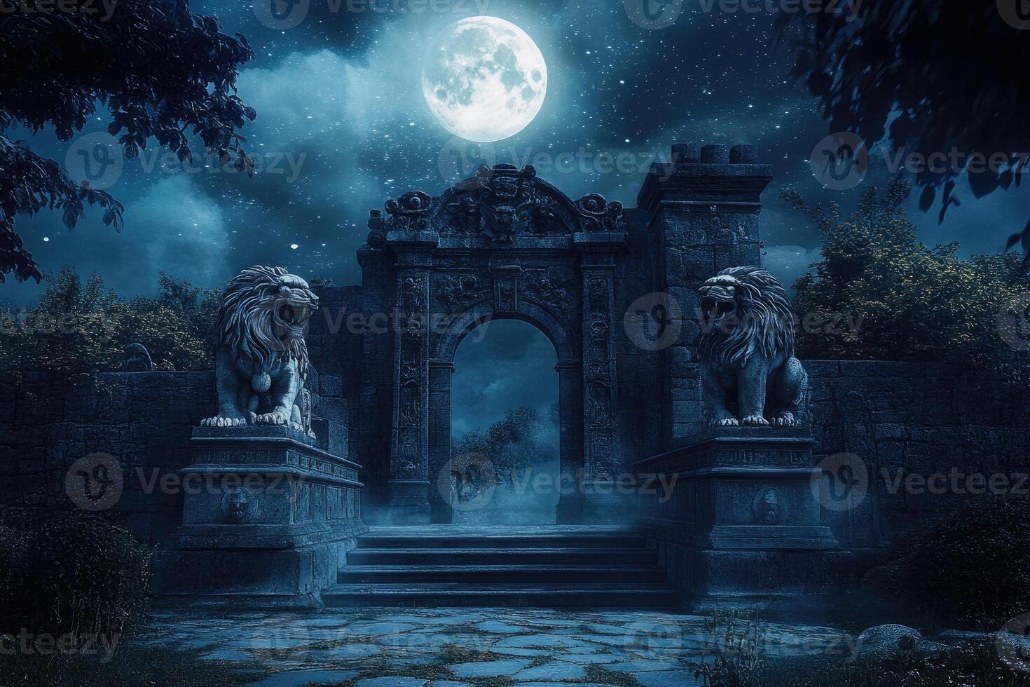 A mystical gateway with stone lions under moonlight. photo