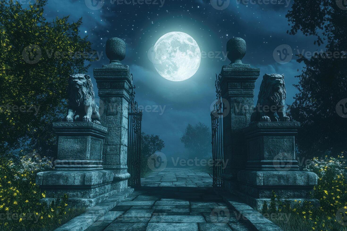 A mystical gateway with stone lions under moonlight. photo