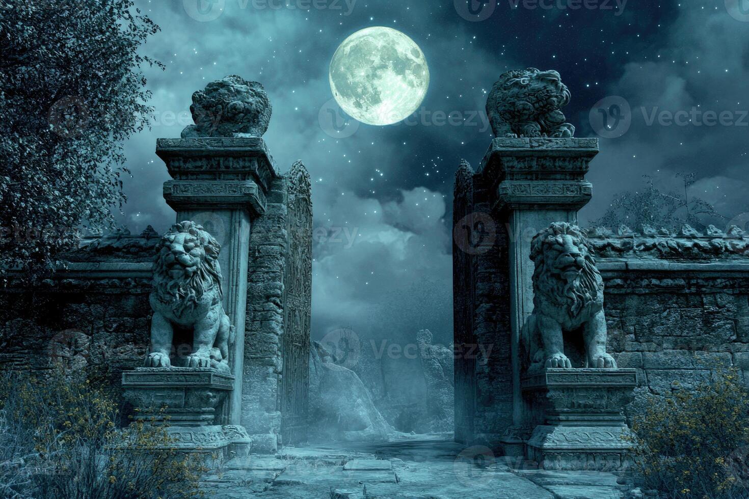 A mystical gateway with stone lions under moonlight. photo