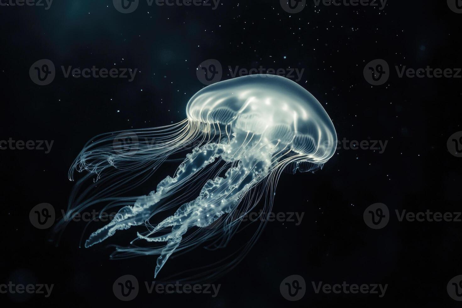 A glowing jellyfish floats in the dark ocean, its bioluminescence softly lighting the water. photo
