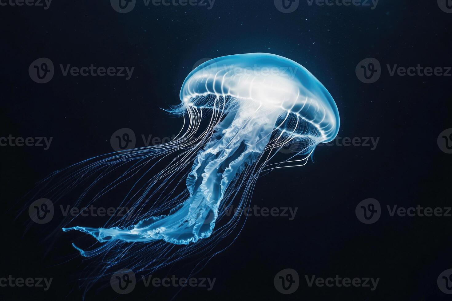 A glowing jellyfish floats in the dark ocean, its bioluminescence softly lighting the water. photo