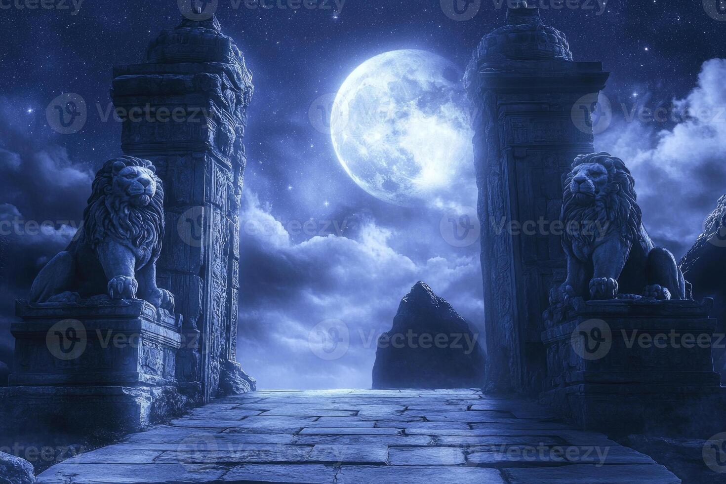 A mystical gateway with stone lions under moonlight. photo