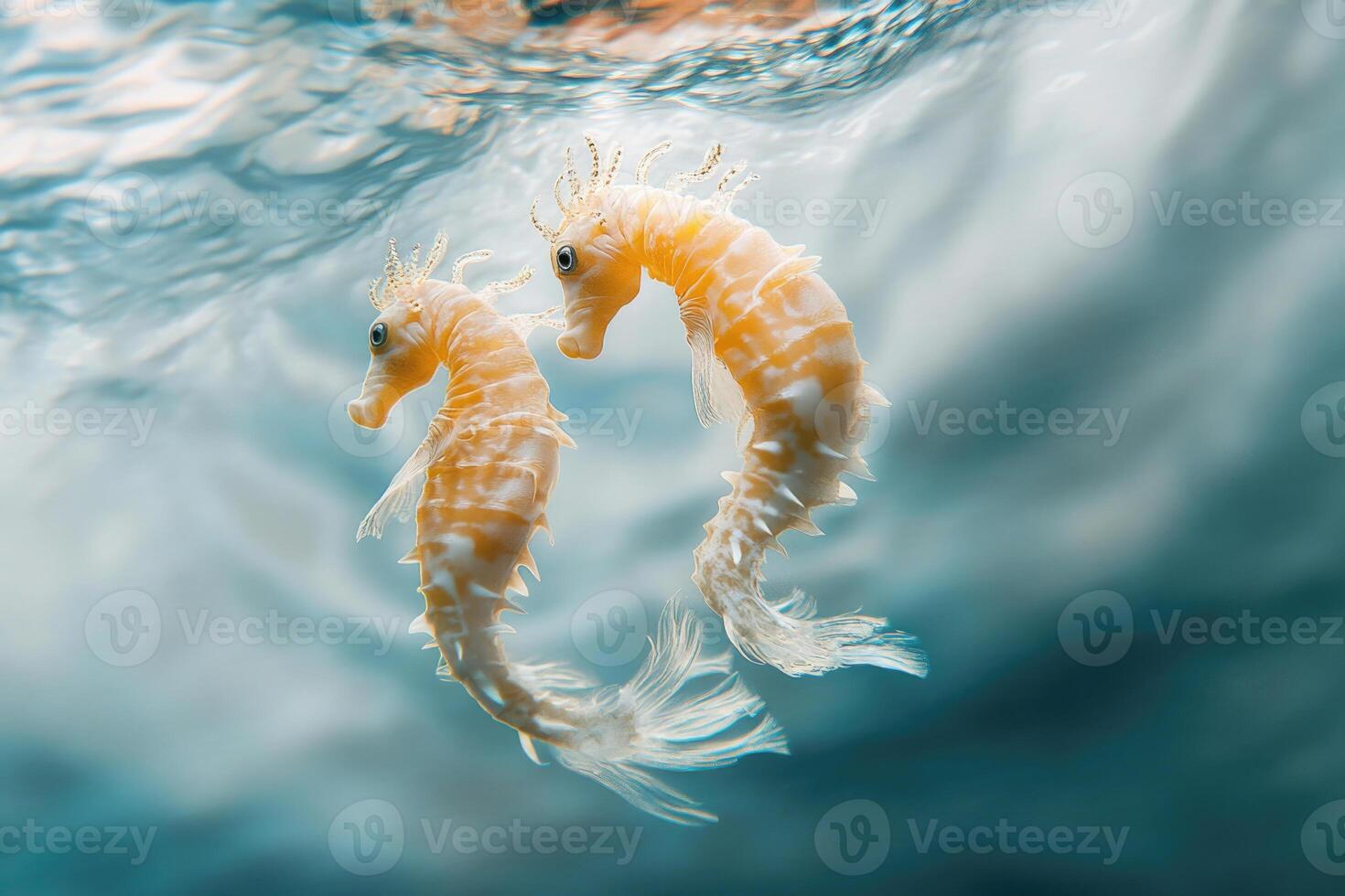 A pair of sea horses entwined, floating gently in the water. photo