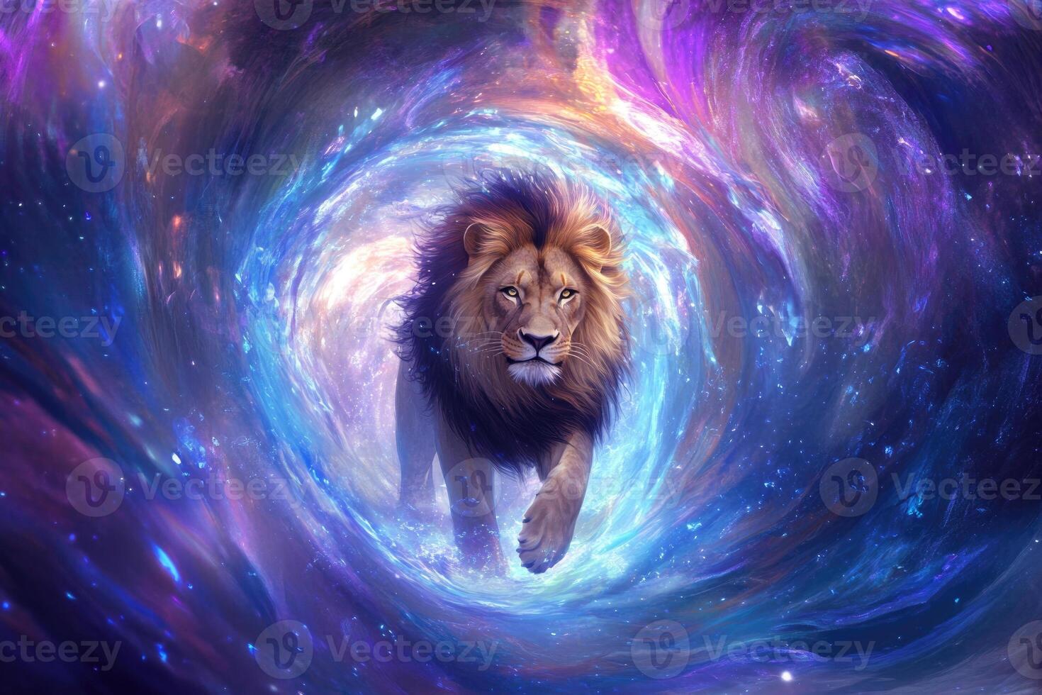 A lion stepping through a glowing portal with swirling energies. photo