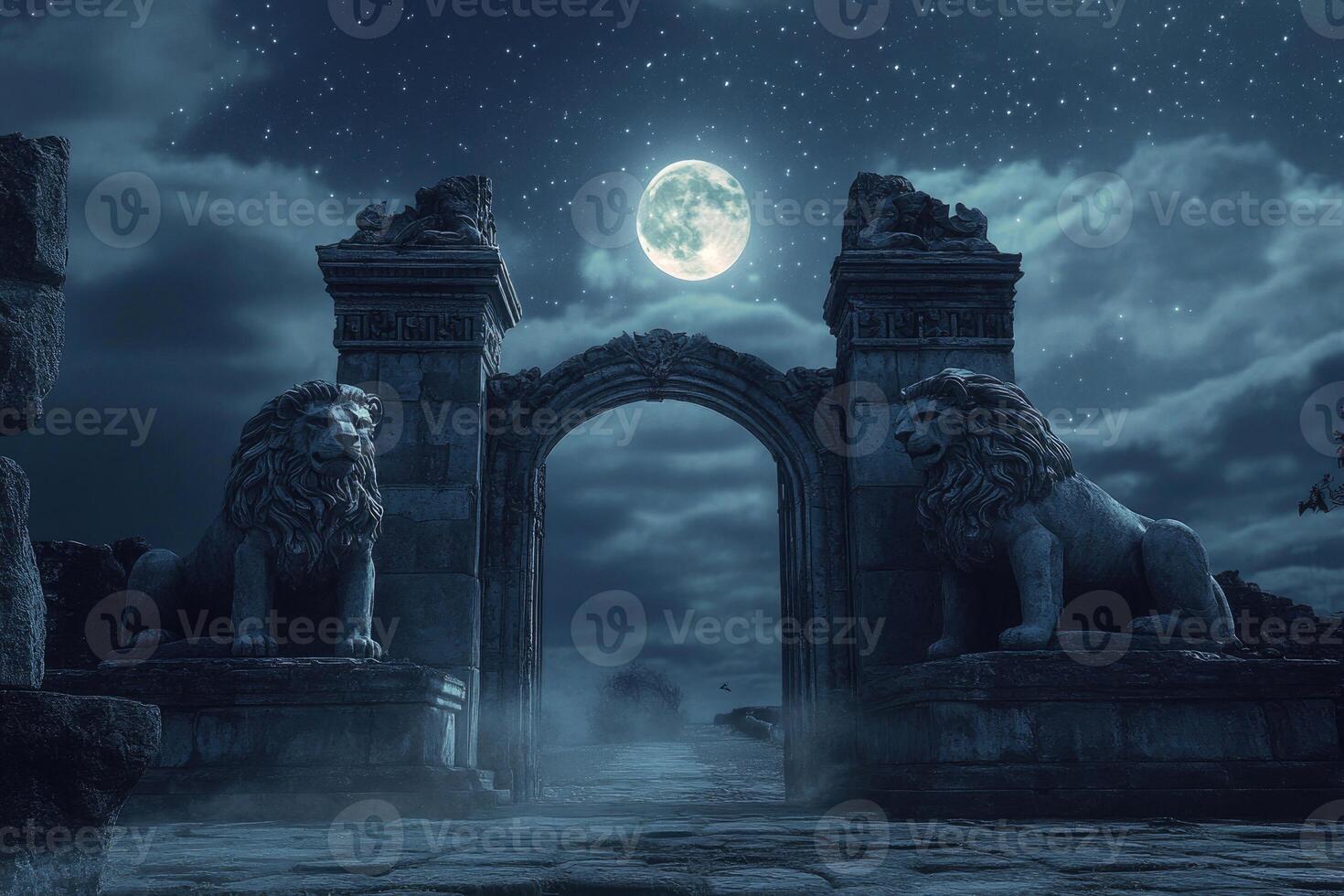 A mystical gateway with stone lions under moonlight. photo