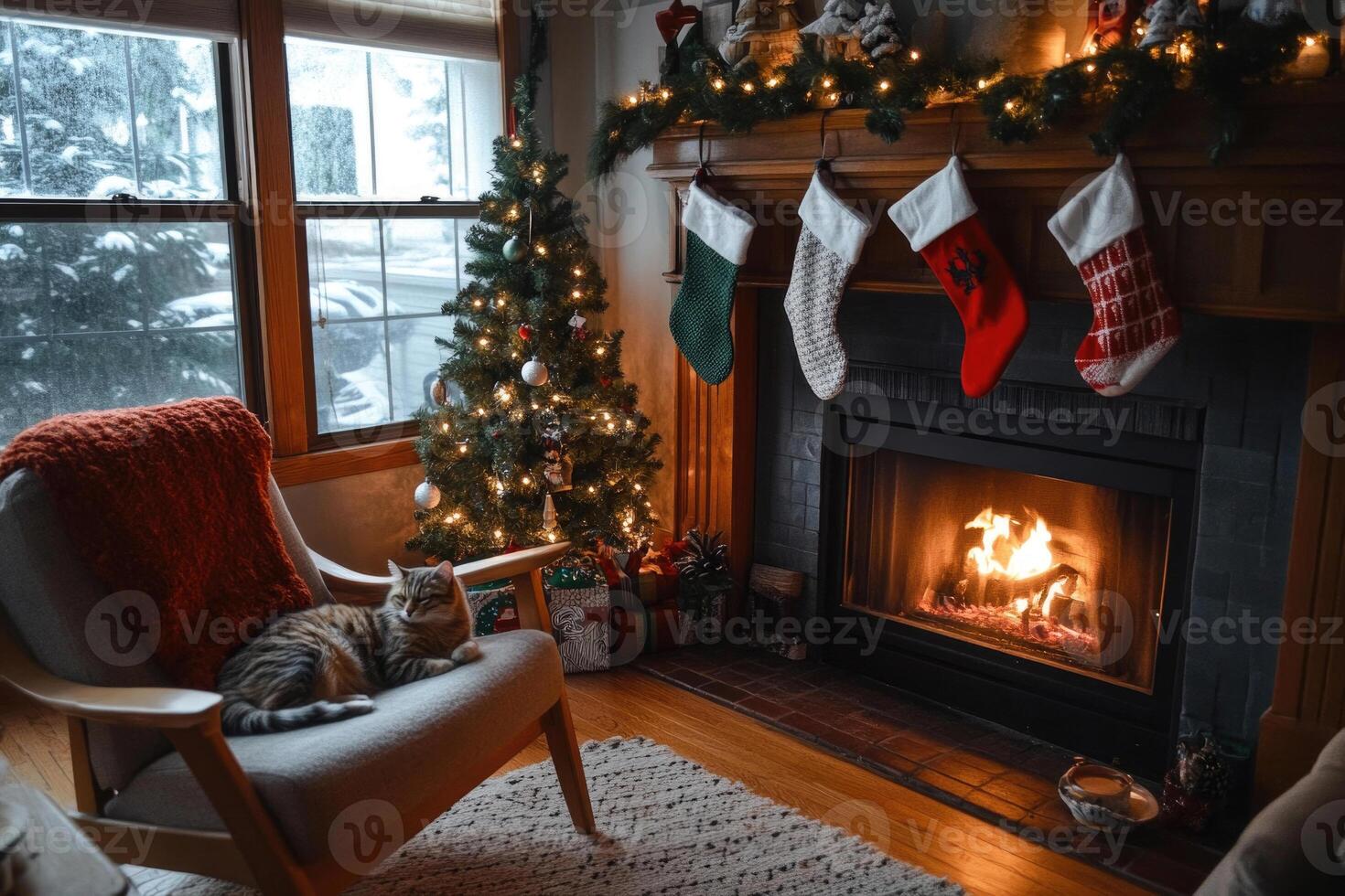 A cozy living room with a fireplace, stockings, and a cat by the fire. photo