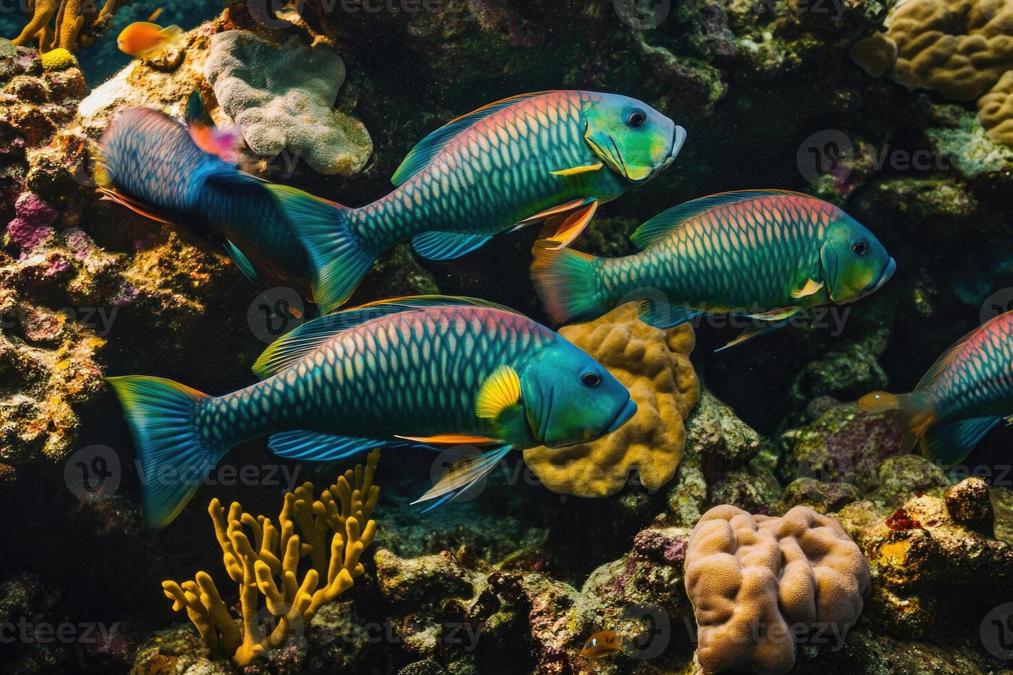 A vibrant school of parrotfish grazes on coral in a bustling, colorful reef. photo