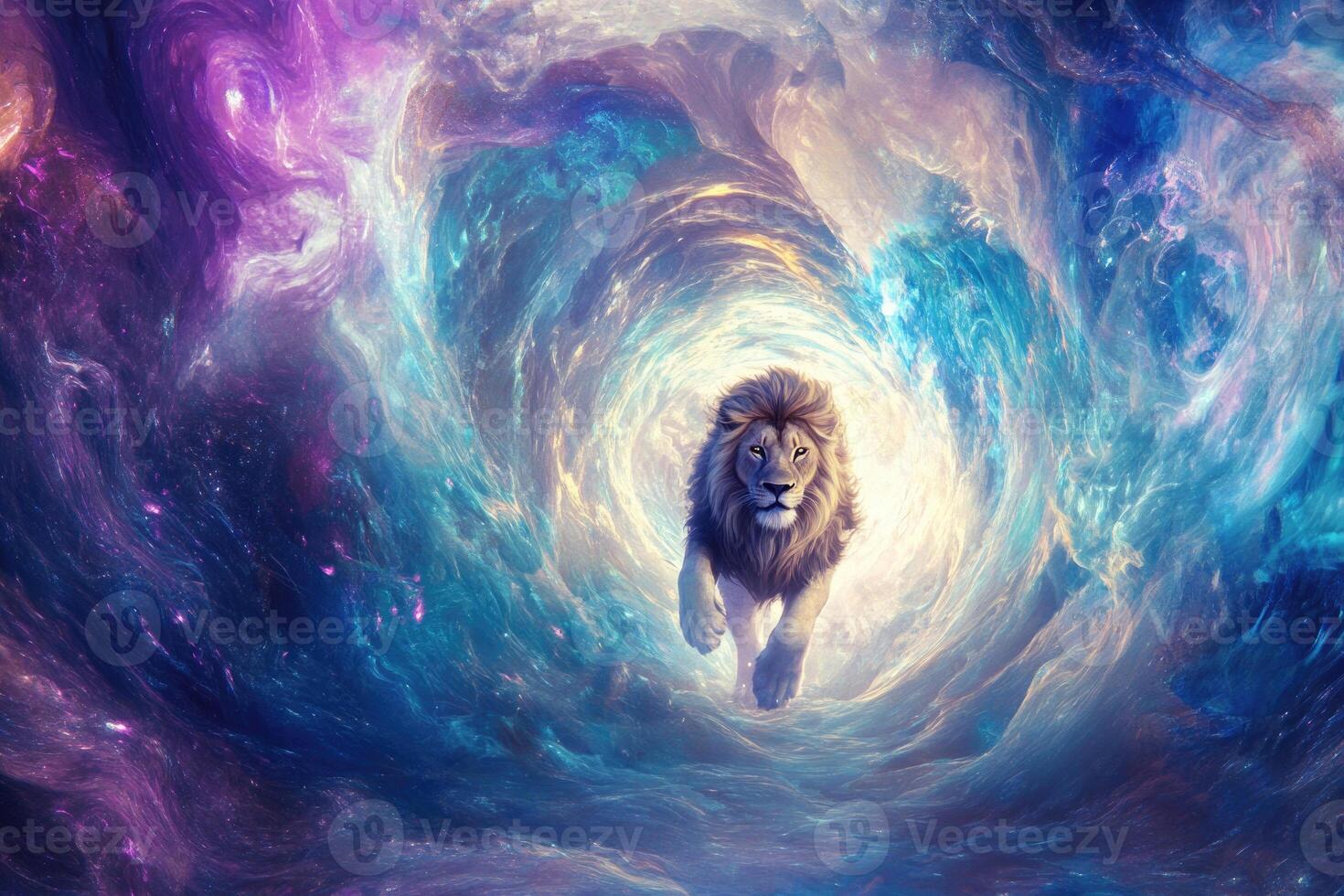 A lion stepping through a glowing portal with swirling energies. photo