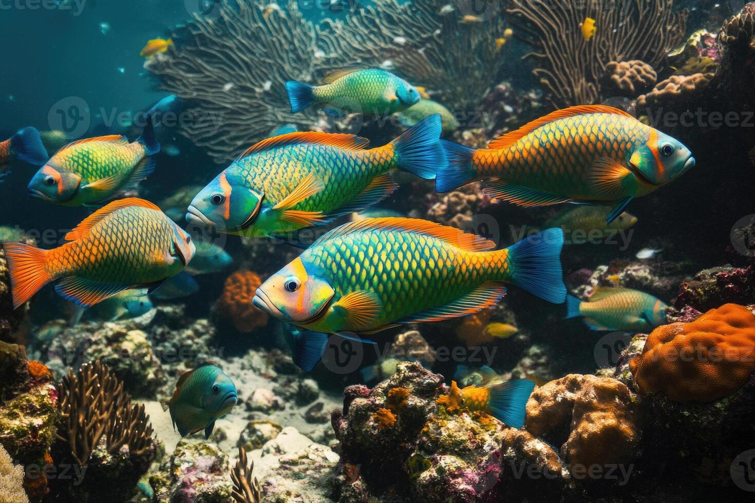 A vibrant school of parrotfish grazes on coral in a bustling, colorful reef. photo
