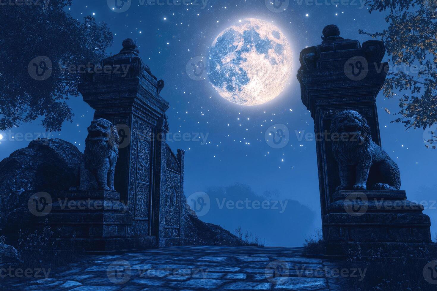 A mystical gateway with stone lions under moonlight. photo