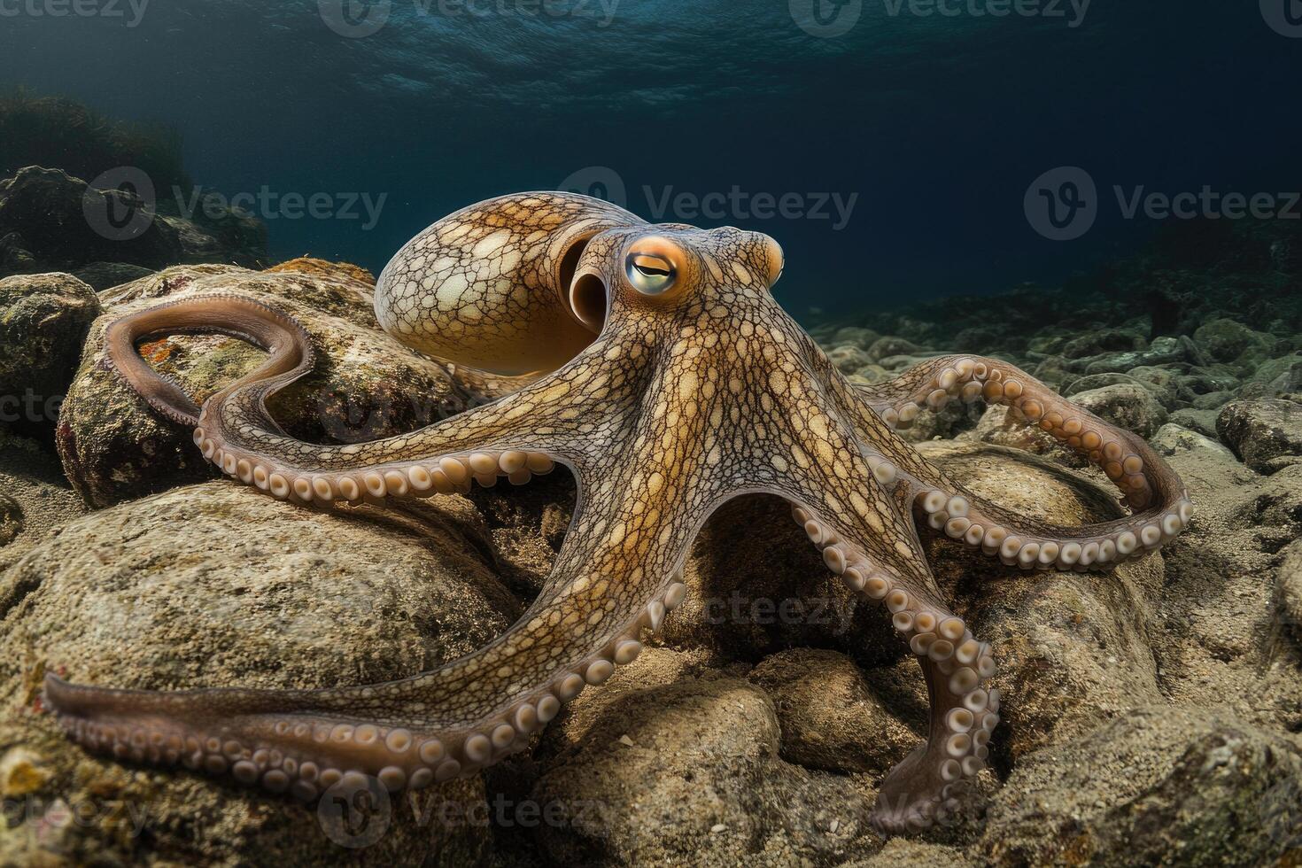 A curious octopus exploring the seafloor with its tentacles extended. photo