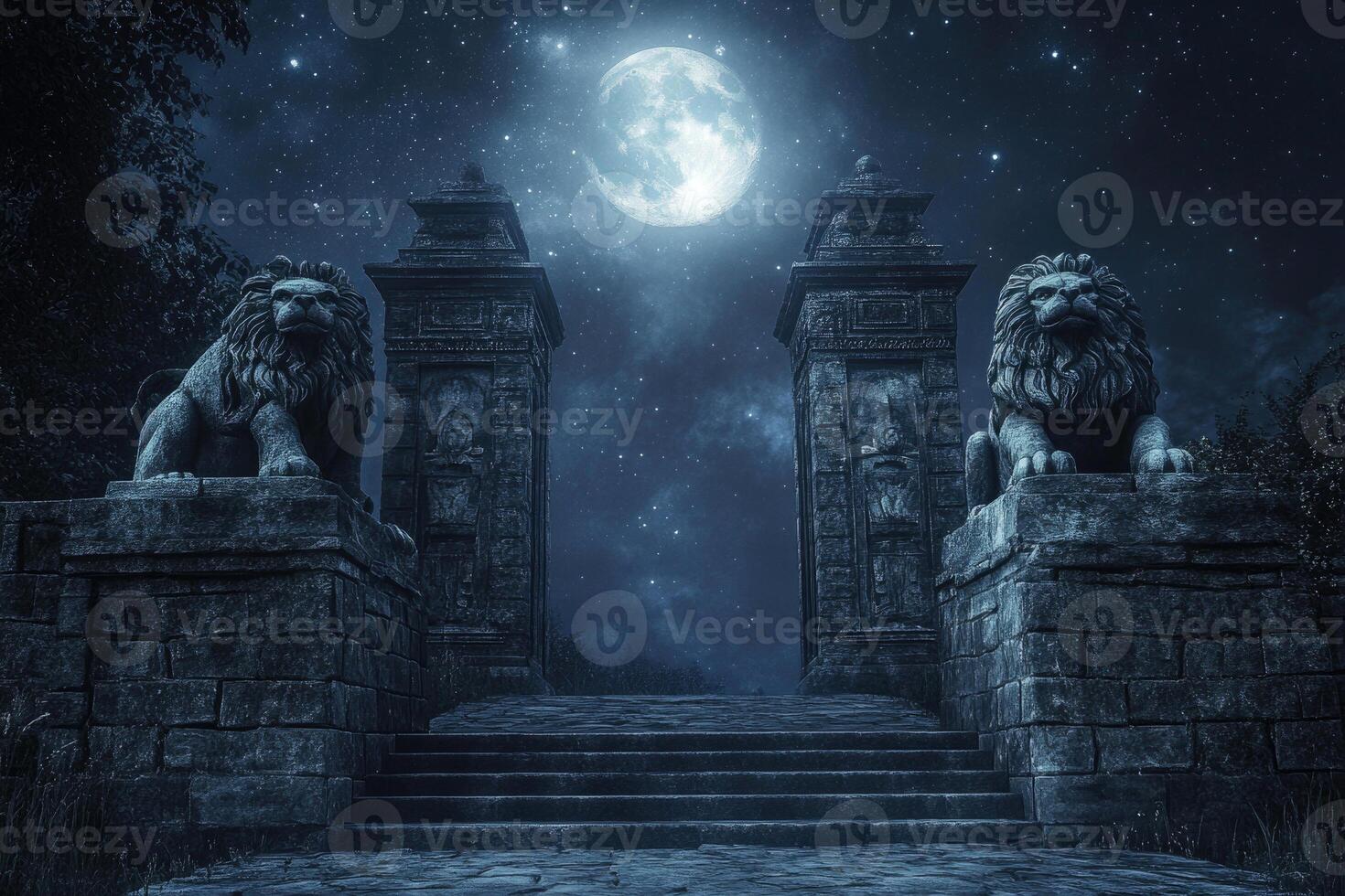 A mystical gateway with stone lions under moonlight. photo