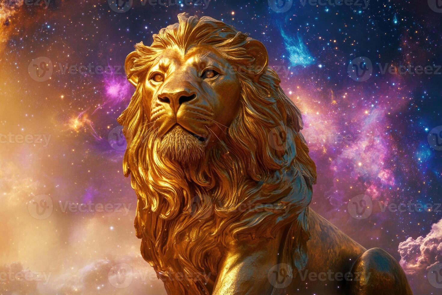 A golden lion statue with a glowing cosmic portal. photo