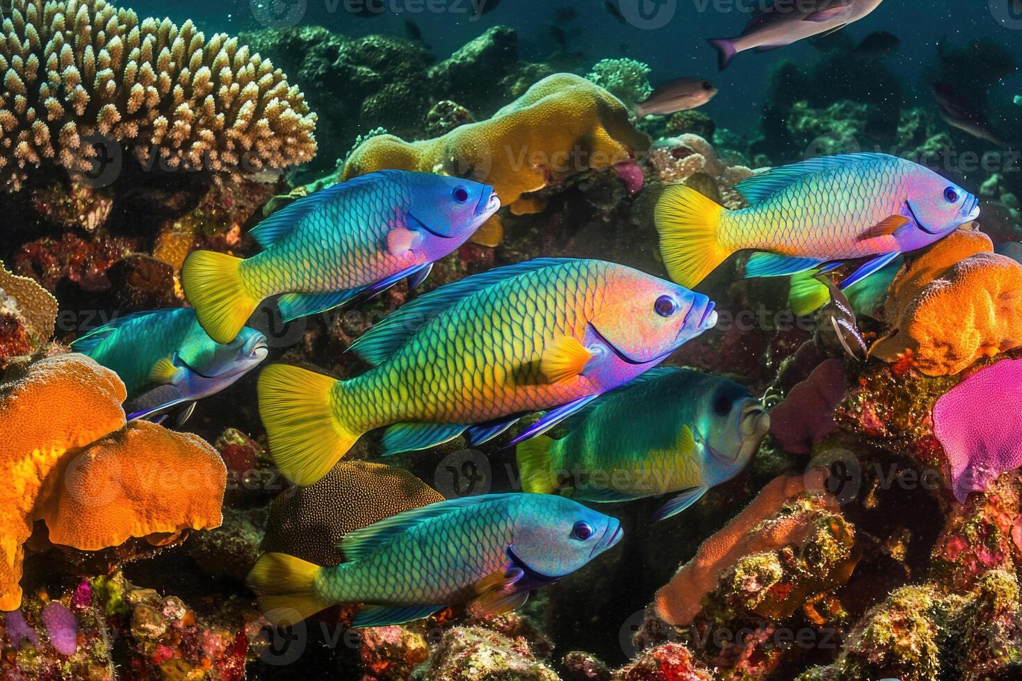 A vibrant school of parrotfish grazes on coral in a bustling, colorful reef. photo
