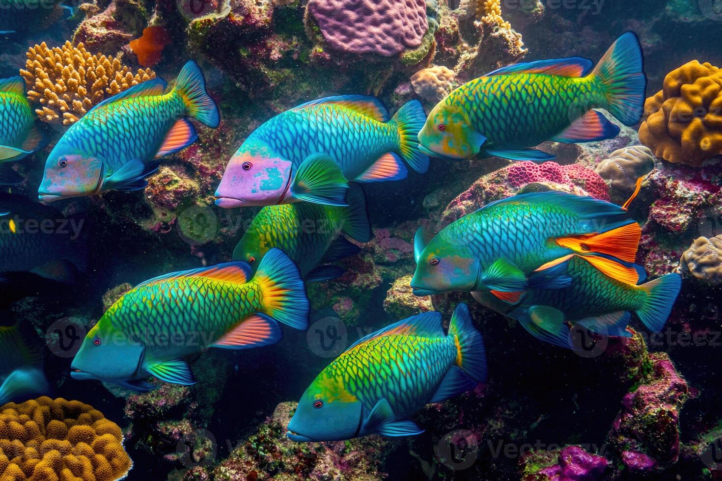 A vibrant school of parrotfish grazes on coral in a bustling, colorful reef. photo