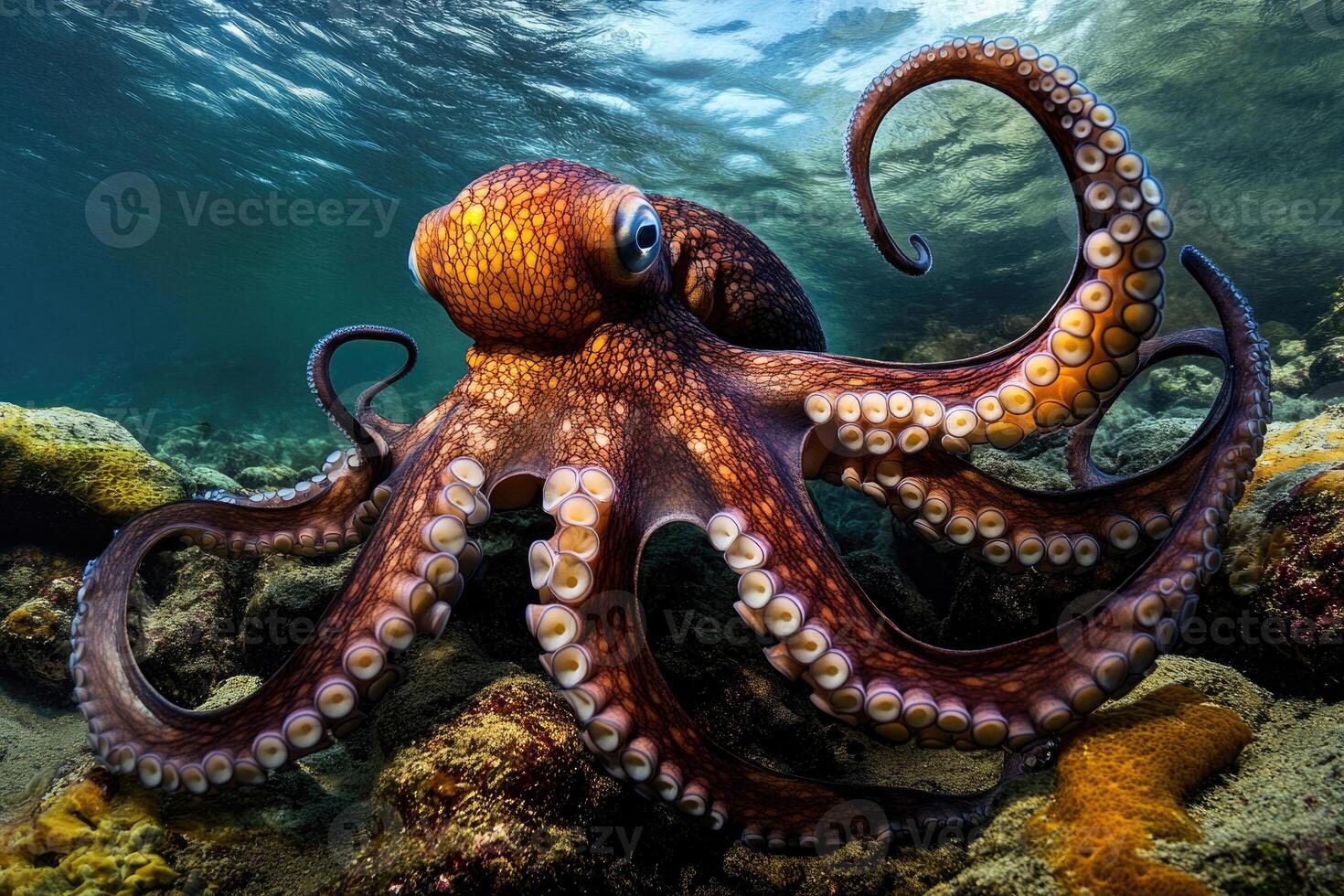 A curious octopus exploring the seafloor with its tentacles extended. photo