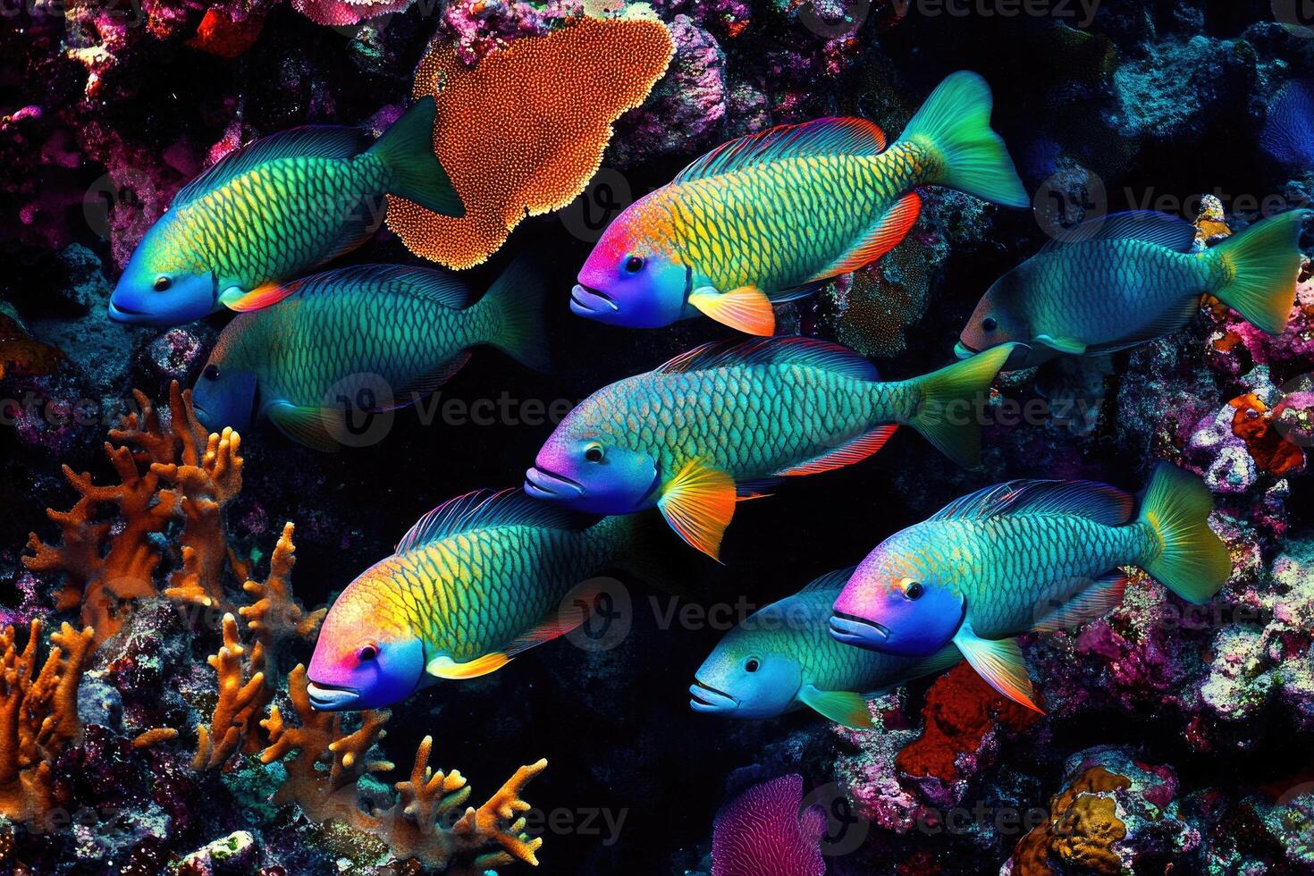 A vibrant school of parrotfish grazes on coral in a bustling, colorful reef. photo