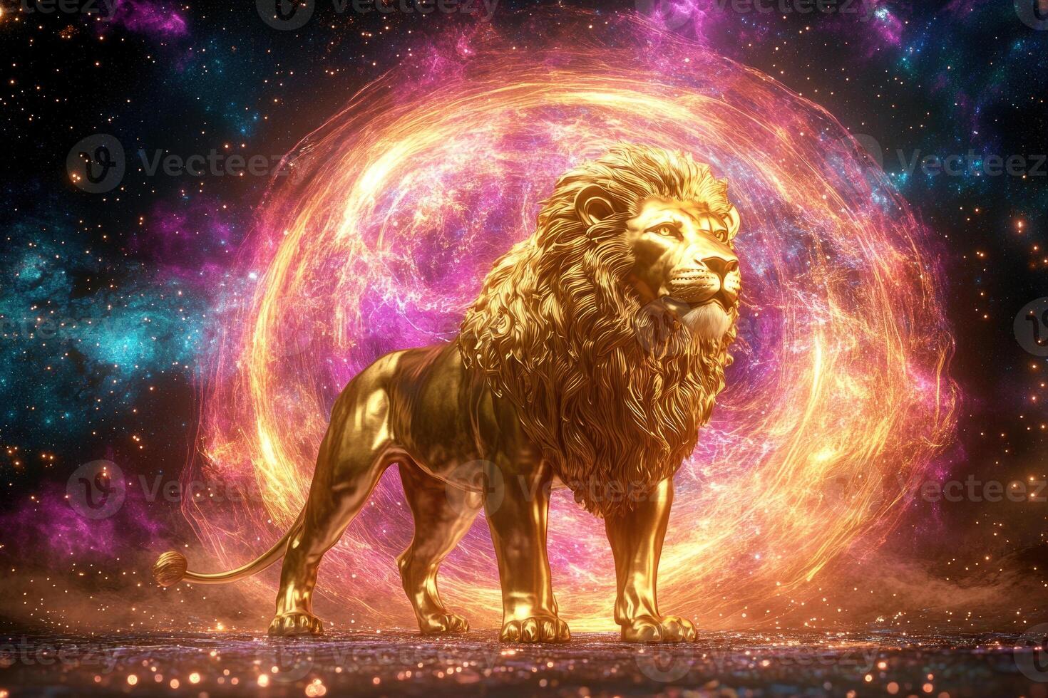 A golden lion statue with a glowing cosmic portal. photo