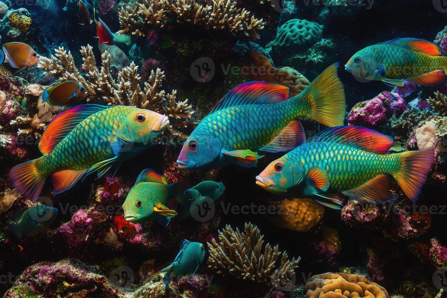 A vibrant school of parrotfish grazes on coral in a bustling, colorful reef. photo