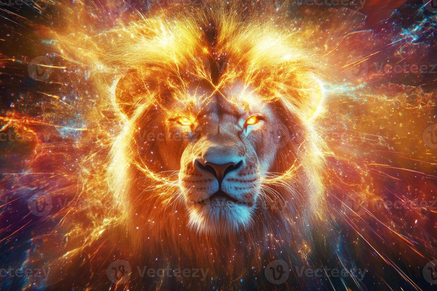 A lions head emerging from bright cosmic light. photo