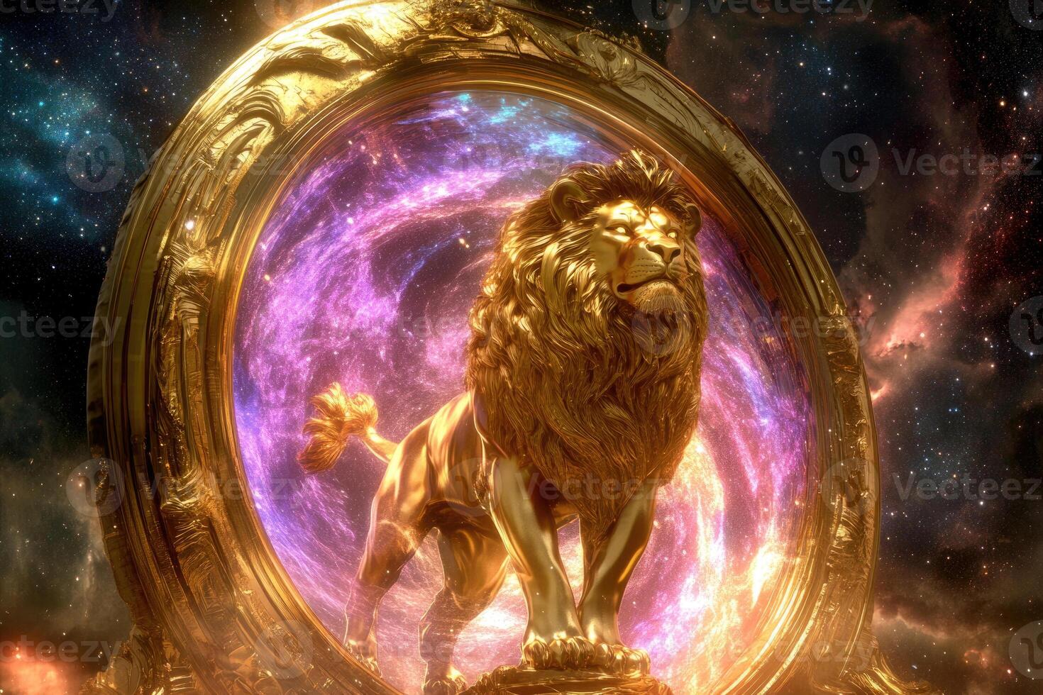 A golden lion statue with a glowing cosmic portal. photo