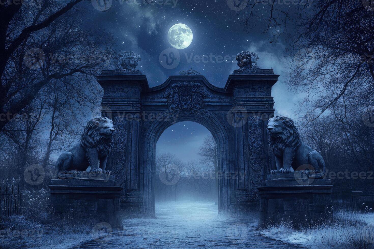 A mystical gateway with stone lions under moonlight. photo