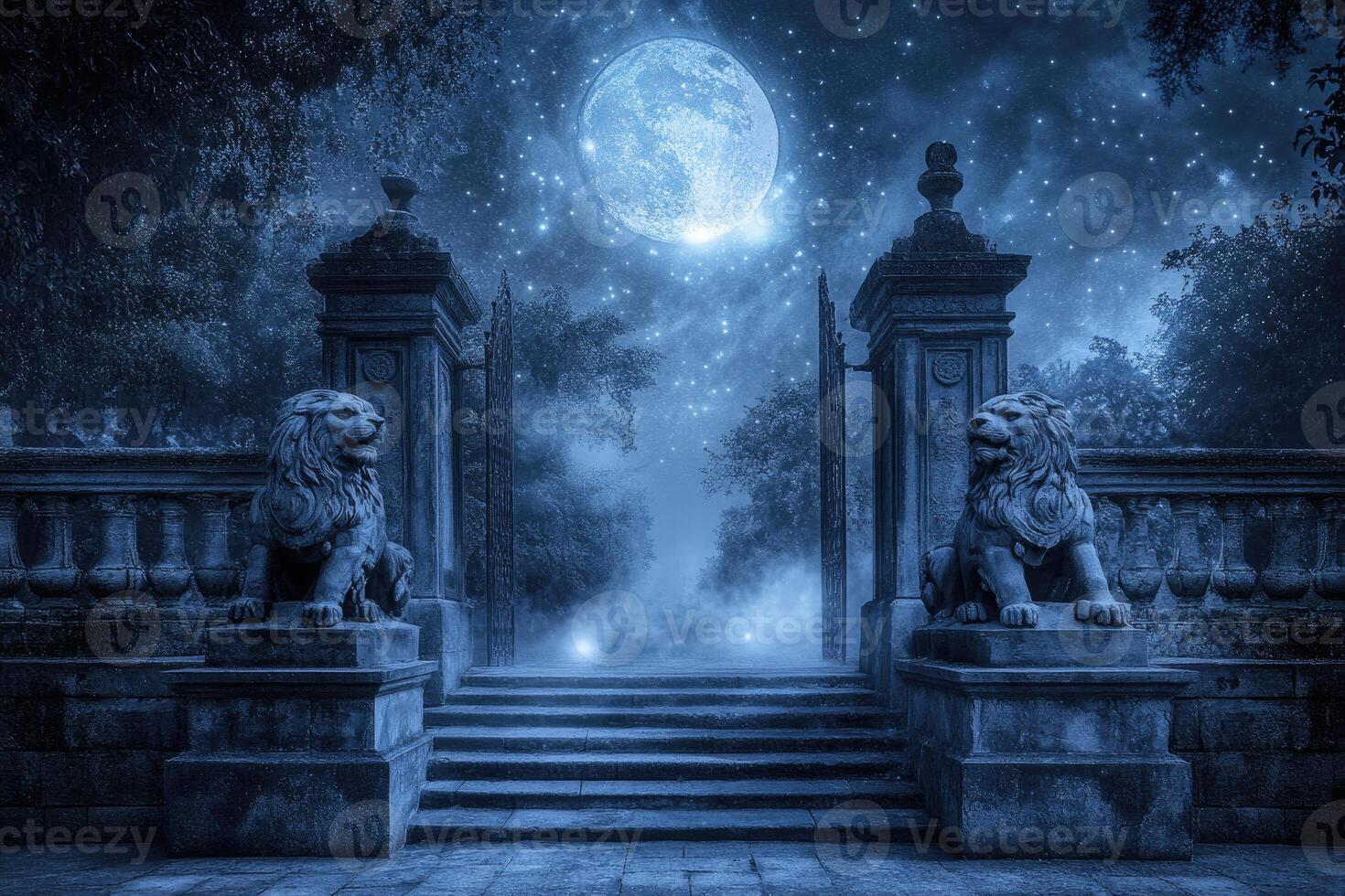 A mystical gateway with stone lions under moonlight. photo