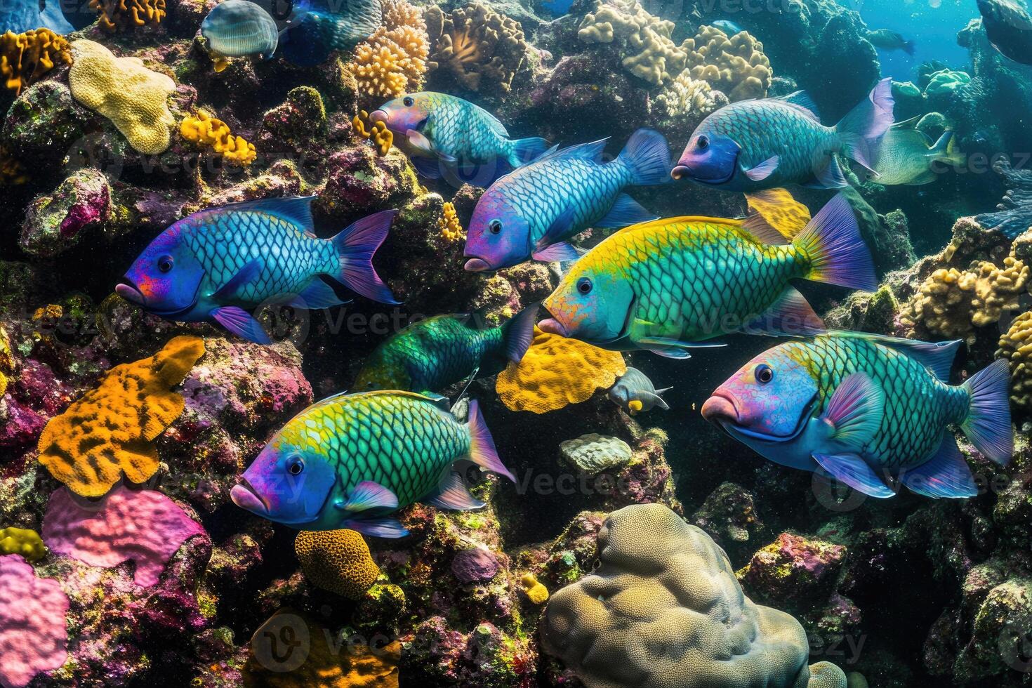 A vibrant school of parrotfish grazes on coral in a bustling, colorful reef. photo