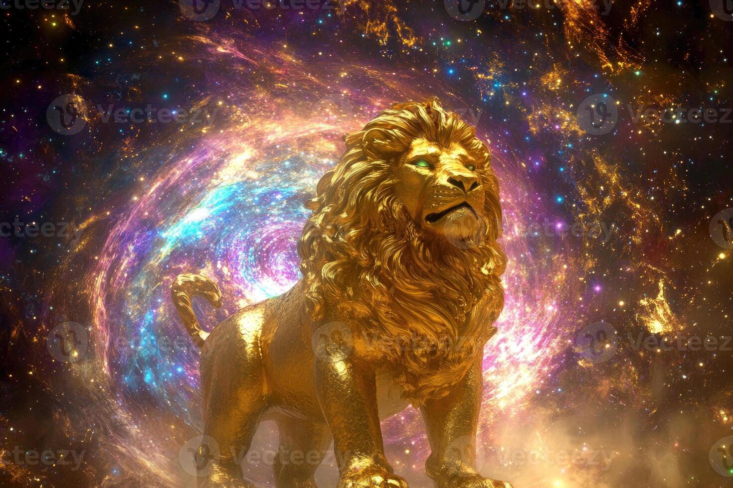 A golden lion statue with a glowing cosmic portal. photo